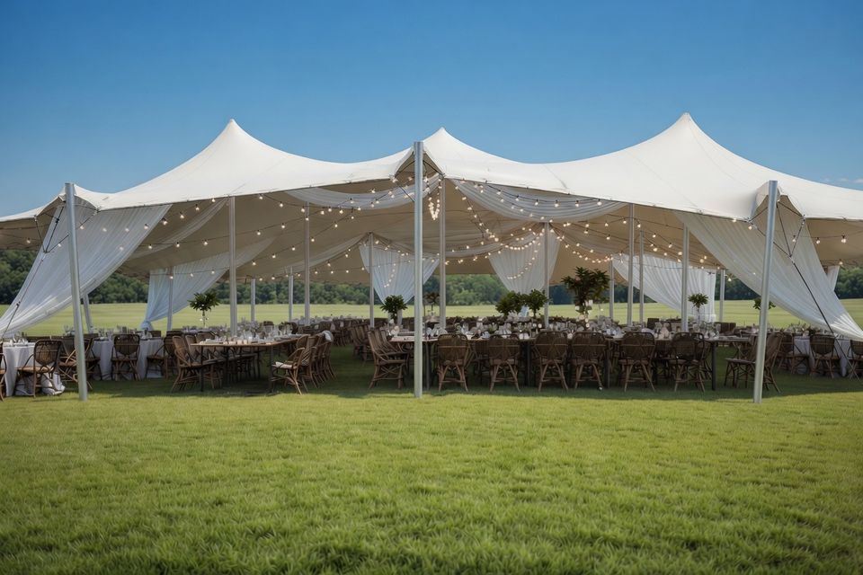 Carpa beduina blanca para eventos instalada sobre un prado
