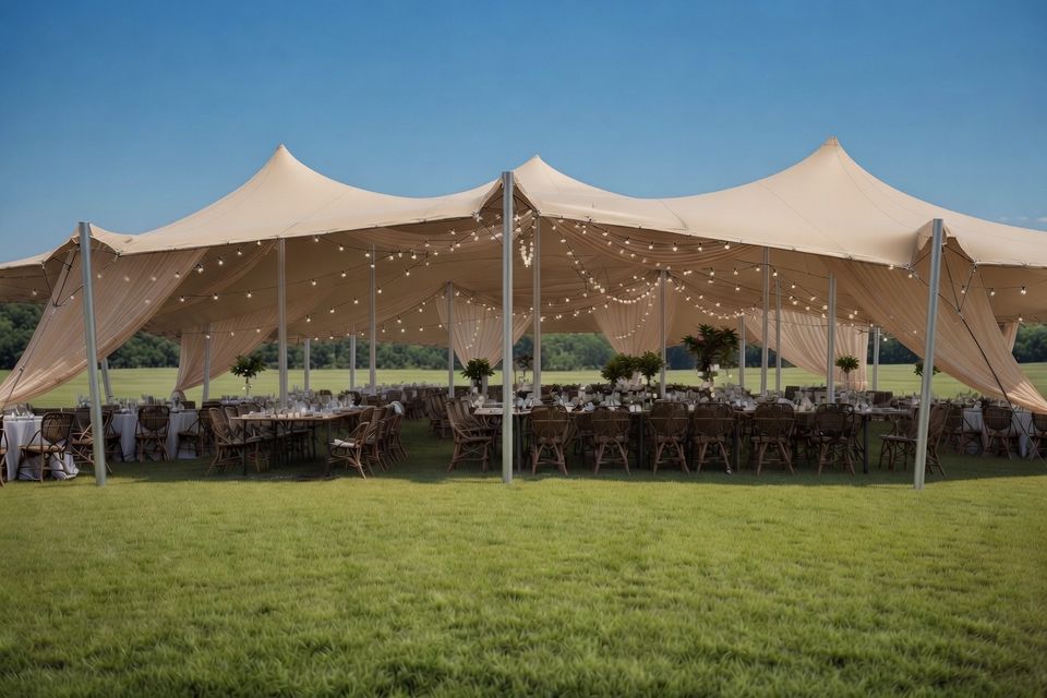 Carpa para matrimonio con mesas dispuestas en un jardín