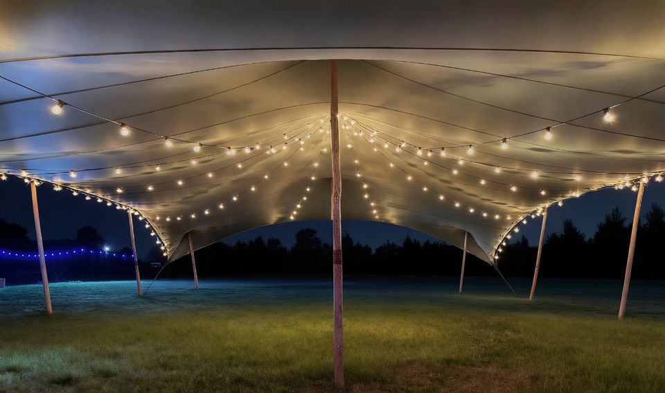 Carpa beduina tensada e iluminada durante un evento nocturno