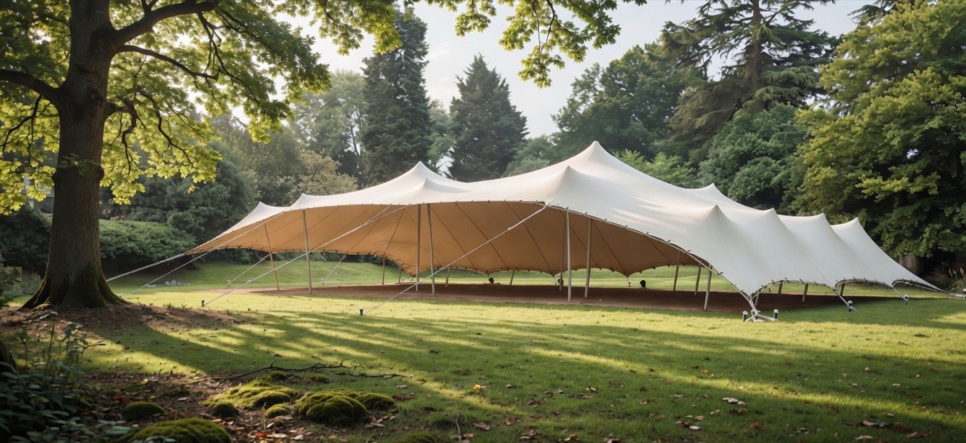 Carpa Bedu de gran formato montada para un evento en un jardín arbolado