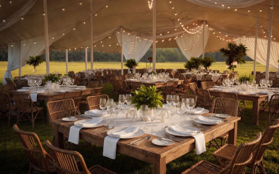 Cena de matrimonio preparada bajo una carpa tensada para eventos